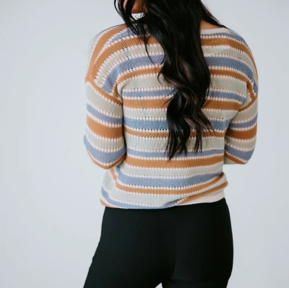 🚨CL:Hem & Thread Elba Stripe Open Knit Sweater Green Brown Cream Medium - Picture 4 of 7